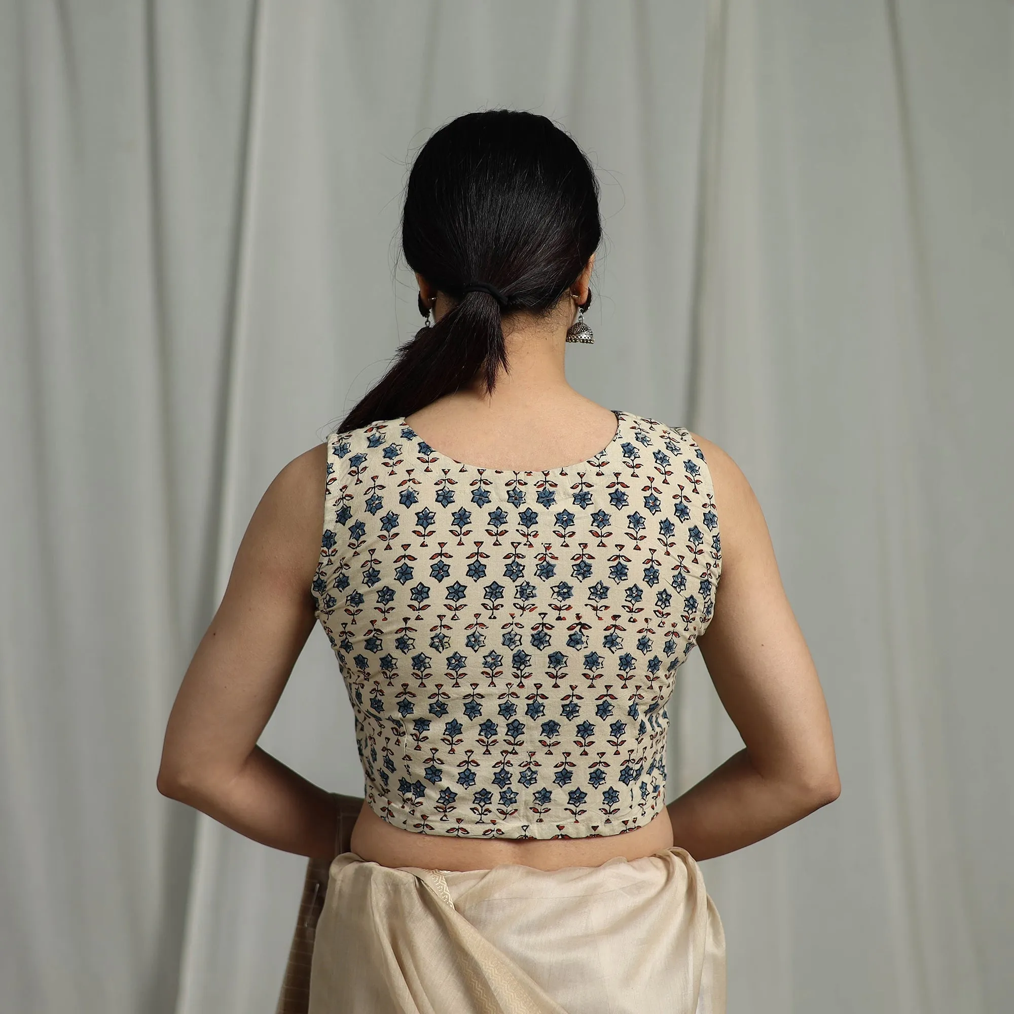 Beige - Hand Block Print Natural Dyed Cotton Ajrakh Readymade Blouse 12 sold by Itokri product image thumbnail 5