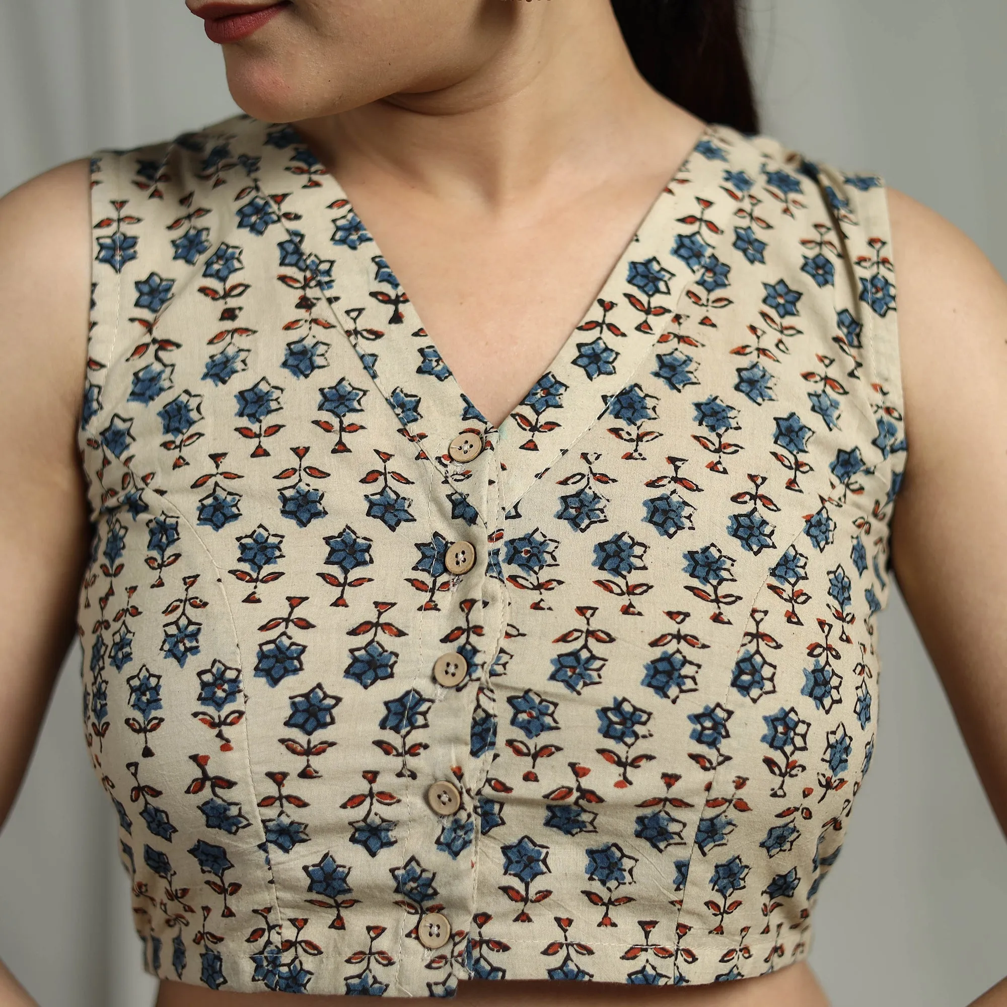 Beige - Hand Block Print Natural Dyed Cotton Ajrakh Readymade Blouse 12 sold by Itokri product image thumbnail 3