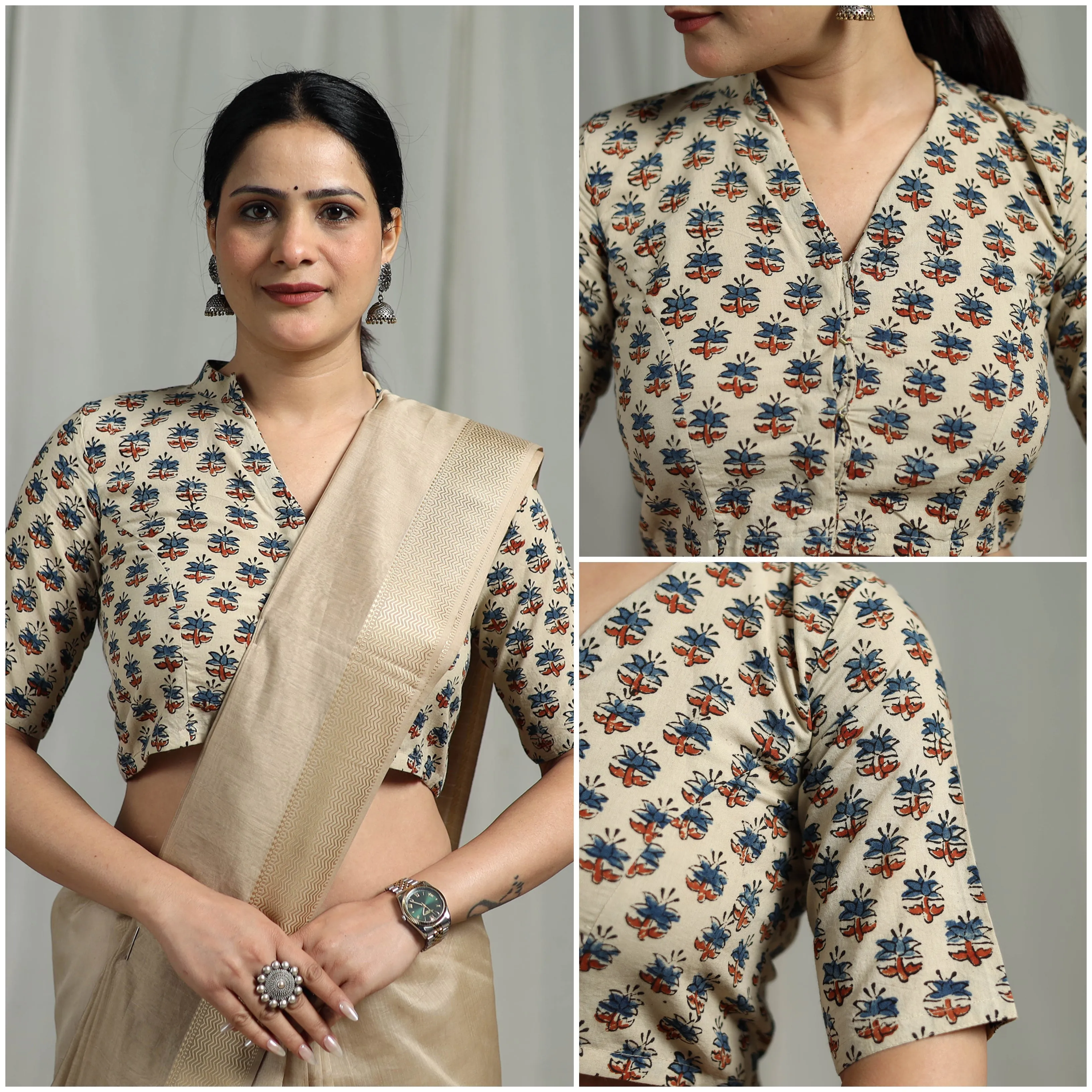 Beige - Hand Block Print Natural Dyed Cotton Ajrakh Readymade Blouse 10 sold by Itokri product image thumbnail 3