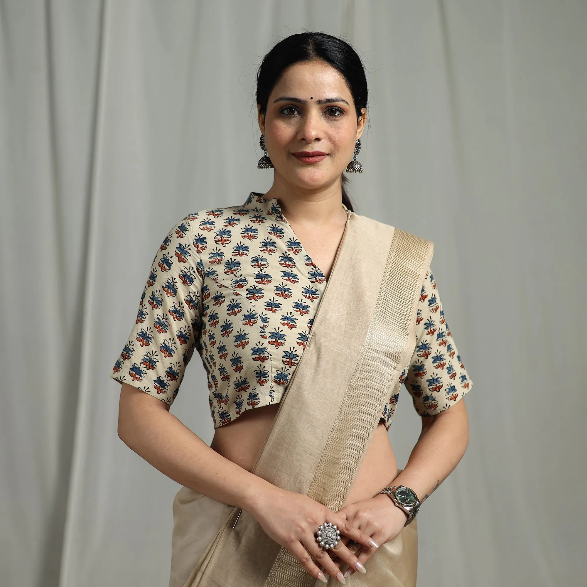 Beige - Hand Block Print Natural Dyed Cotton Ajrakh Readymade Blouse 10 sold by Itokri