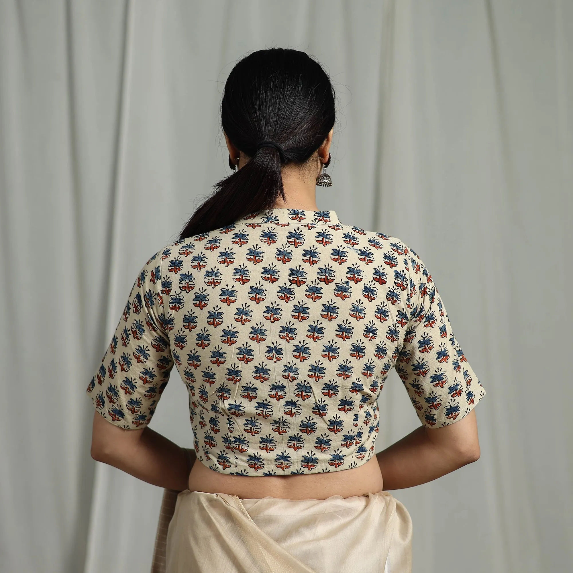 Beige - Hand Block Print Natural Dyed Cotton Ajrakh Readymade Blouse 10 sold by Itokri product image thumbnail 4