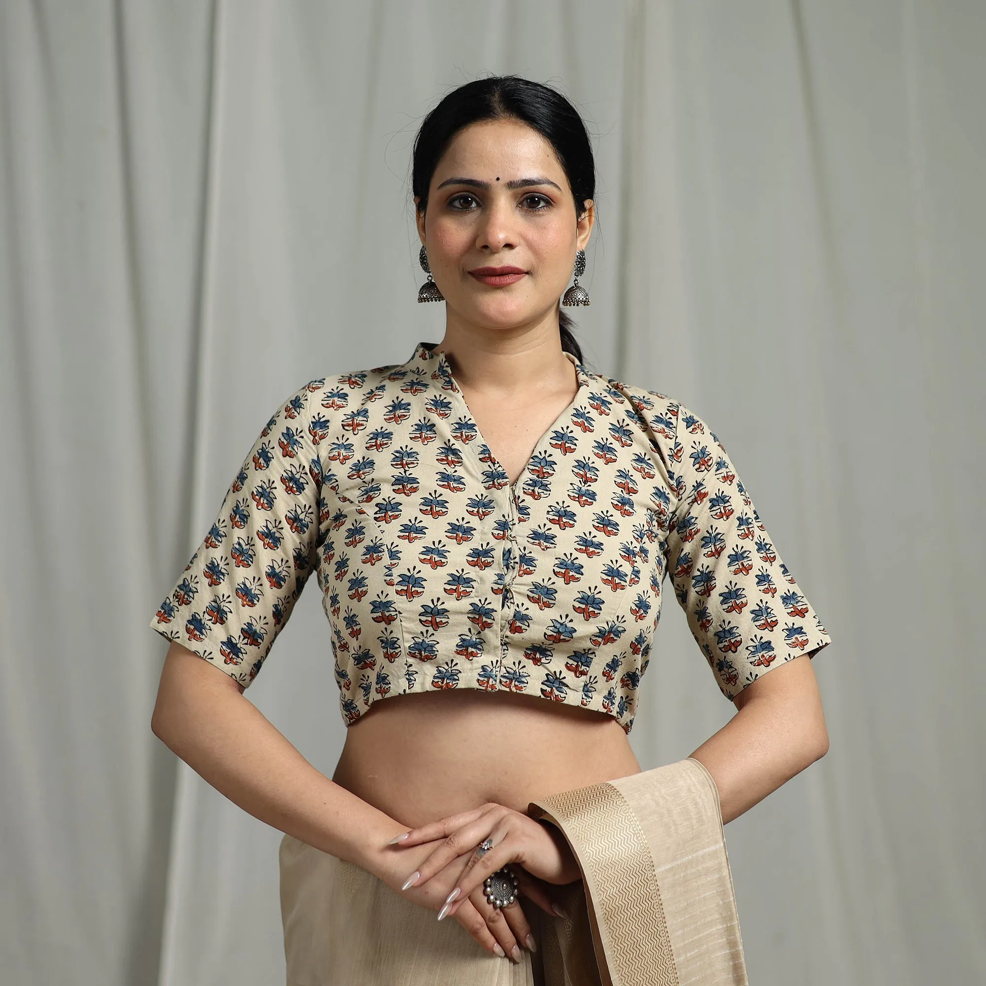 Beige - Hand Block Print Natural Dyed Cotton Ajrakh Readymade Blouse 10 sold by Itokri product image thumbnail 2