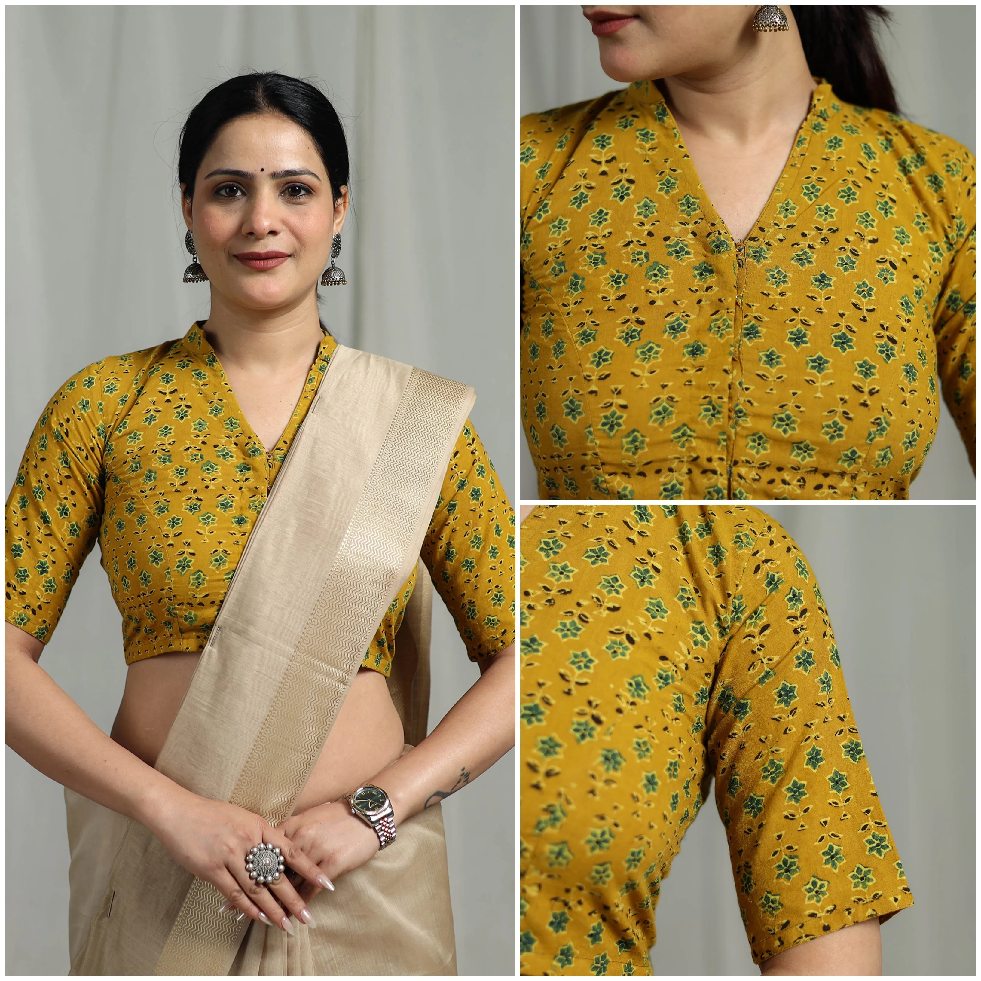 Yellow - Hand Block Print Natural Dyed Cotton Ajrakh Readymade Blouse 07 sold by Itokri product image thumbnail 3