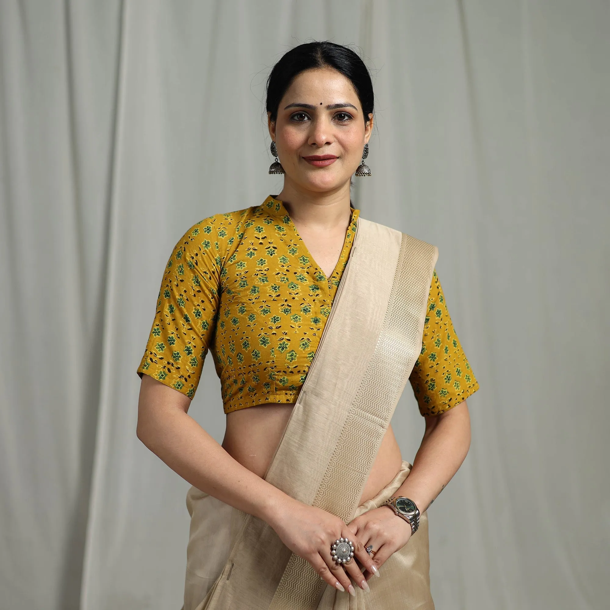 Yellow - Hand Block Print Natural Dyed Cotton Ajrakh Readymade Blouse 07 sold by Itokri