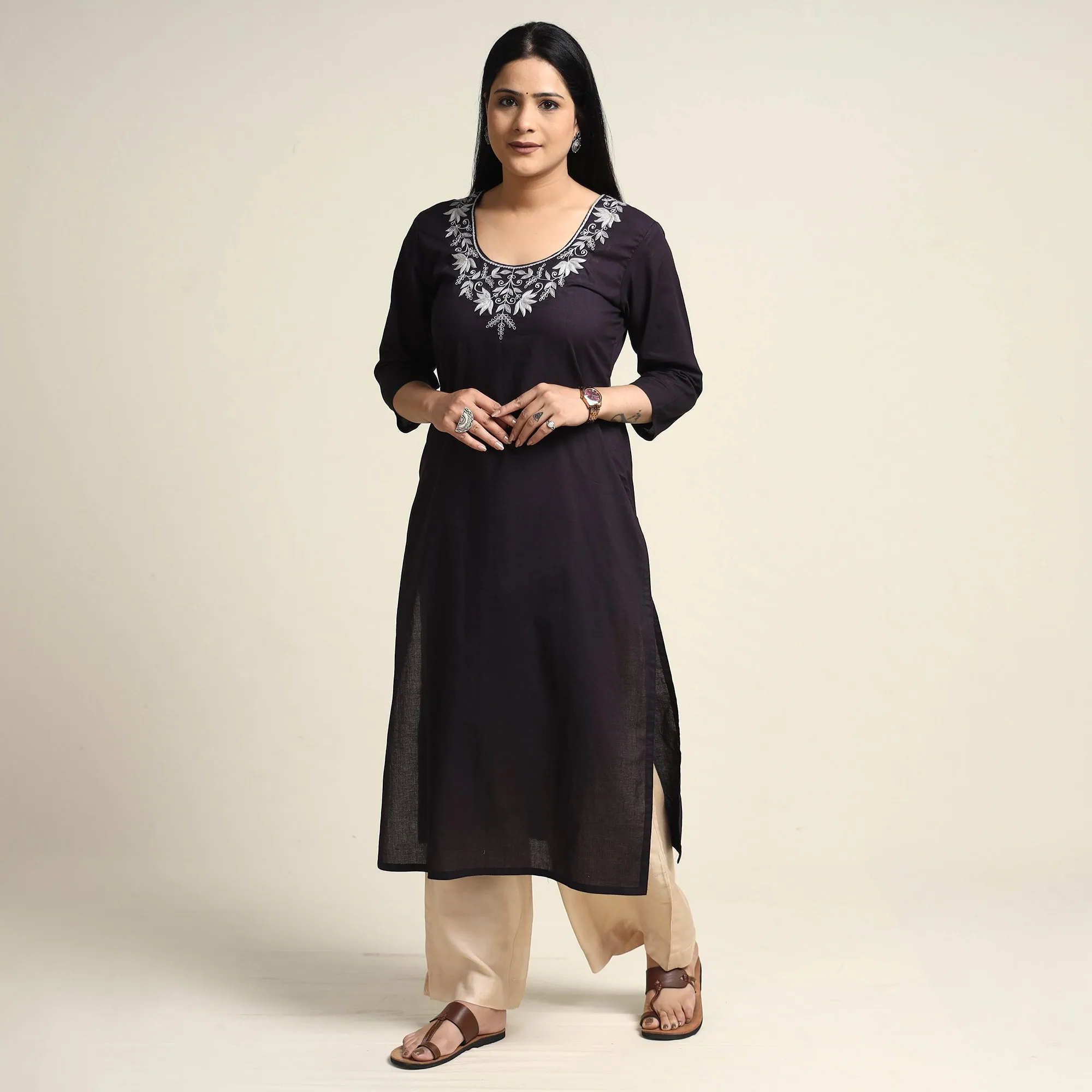 Black Hand Embroidery Plain Cotton Long Kurta sold by Itokri