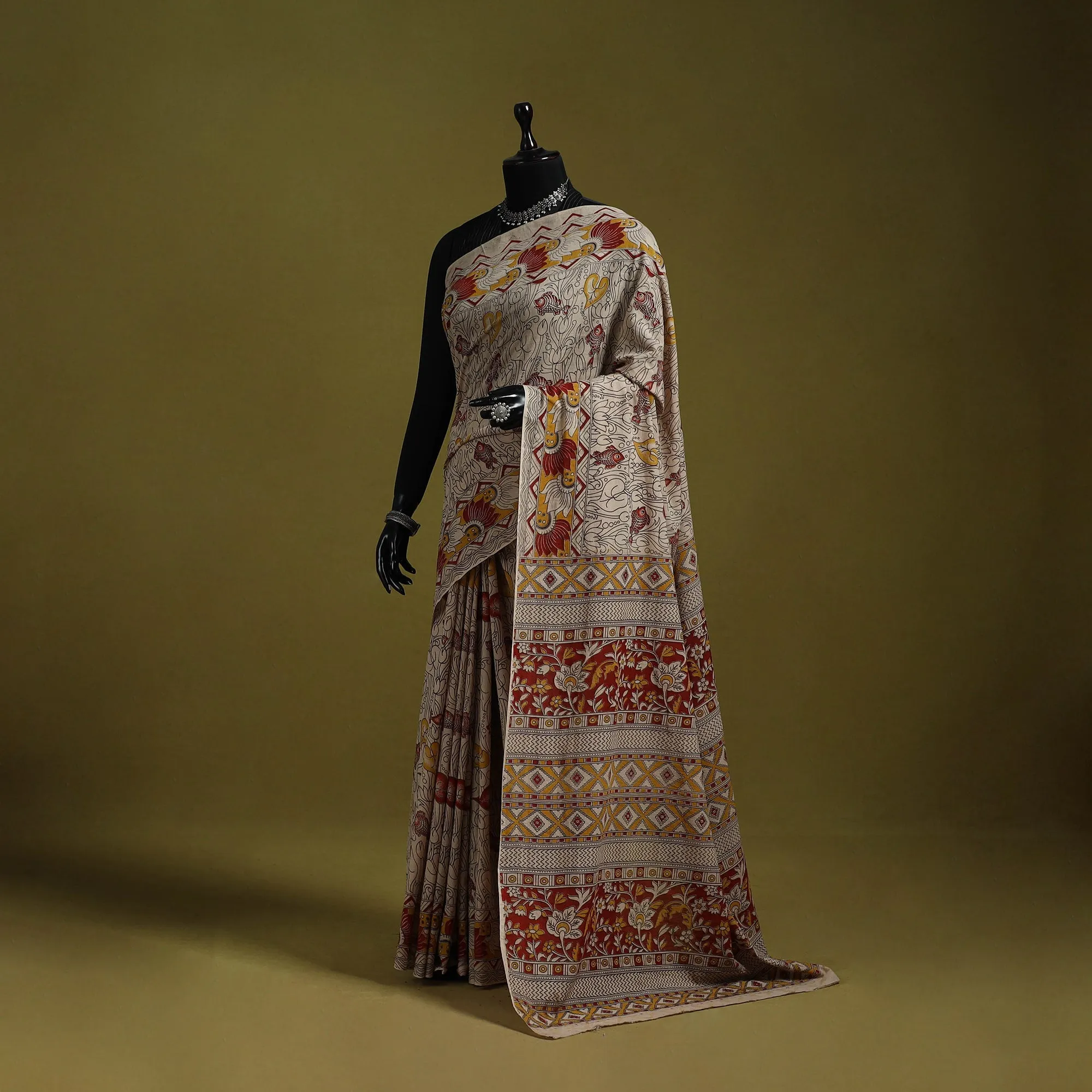 Beige - Printed Cotton Nellore Kalamkari Saree 22 sold by Itokri