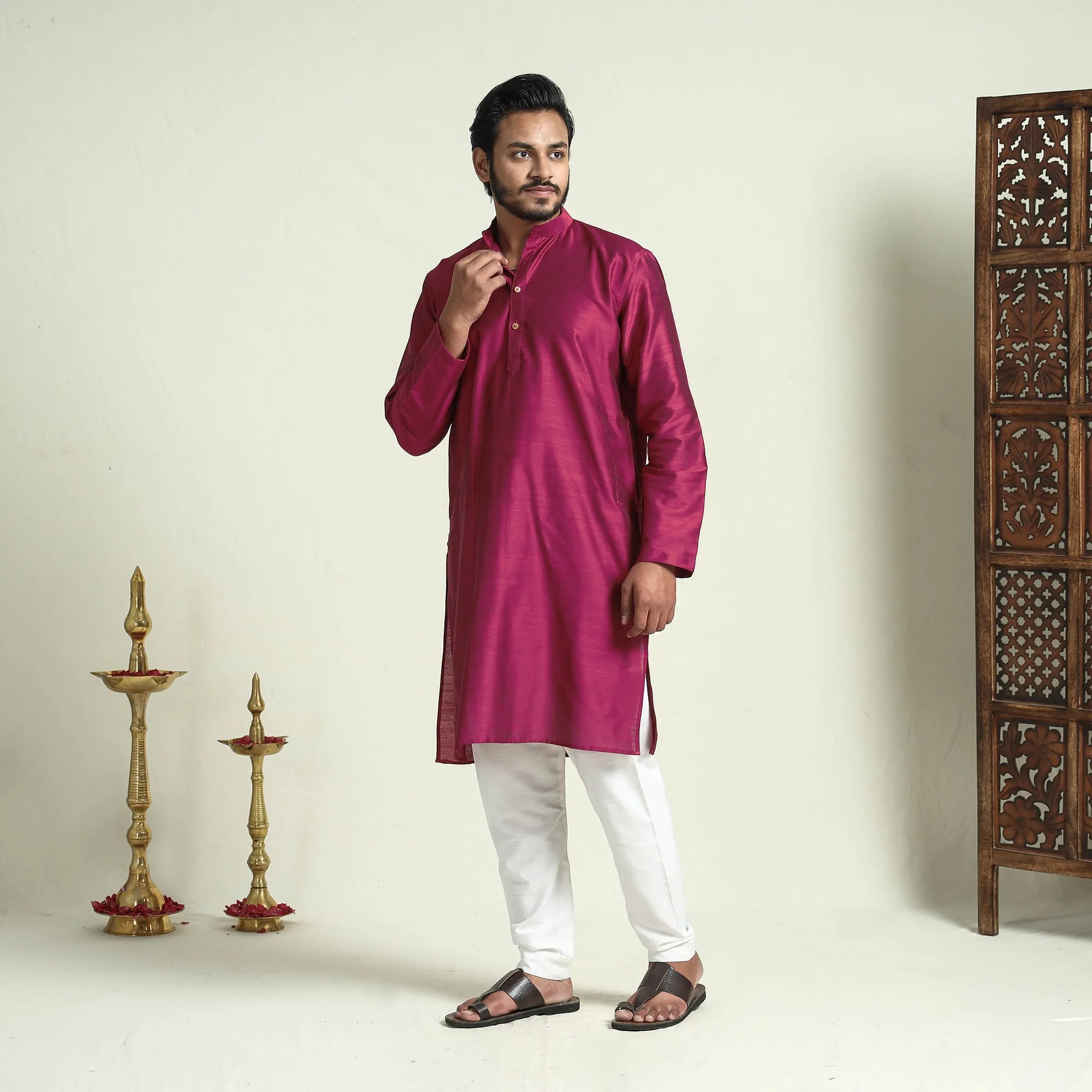 Dark Pink - Plain Dyed Slub Silk Men Long Kurta sold by Itokri product image thumbnail 2