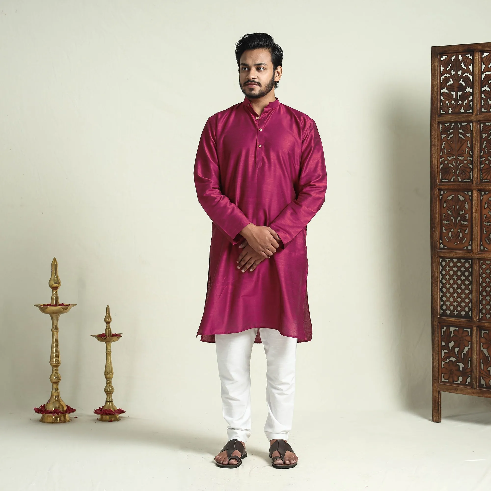 Dark Pink - Plain Dyed Slub Silk Men Long Kurta sold by Itokri