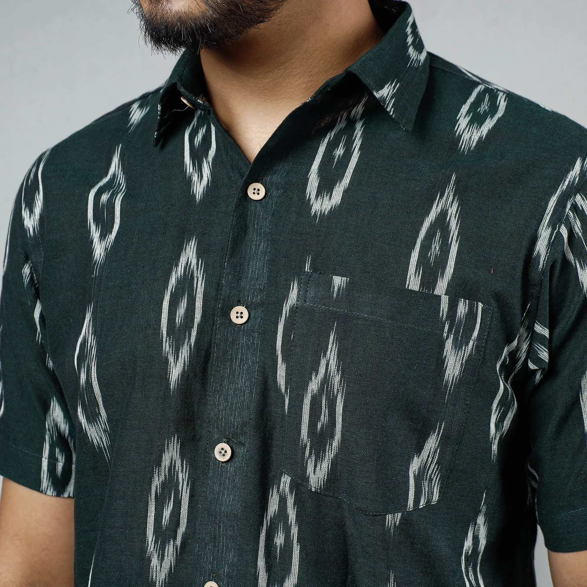 Dark Green - Pochampally Ikat Weave Cotton Men Half Sleeve Shirt sold by Itokri product image thumbnail 5