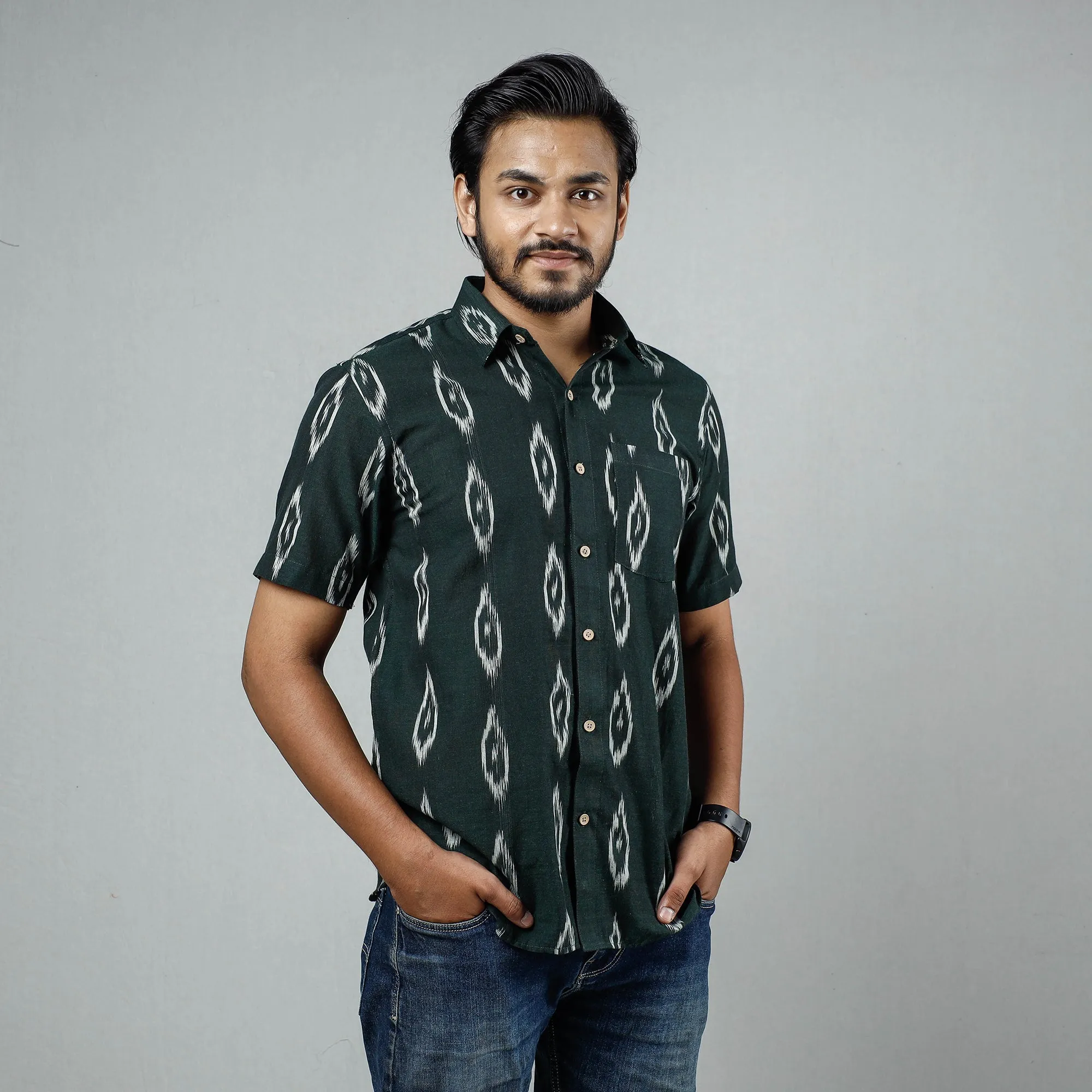 Dark Green - Pochampally Ikat Weave Cotton Men Half Sleeve Shirt sold by Itokri product image thumbnail 4