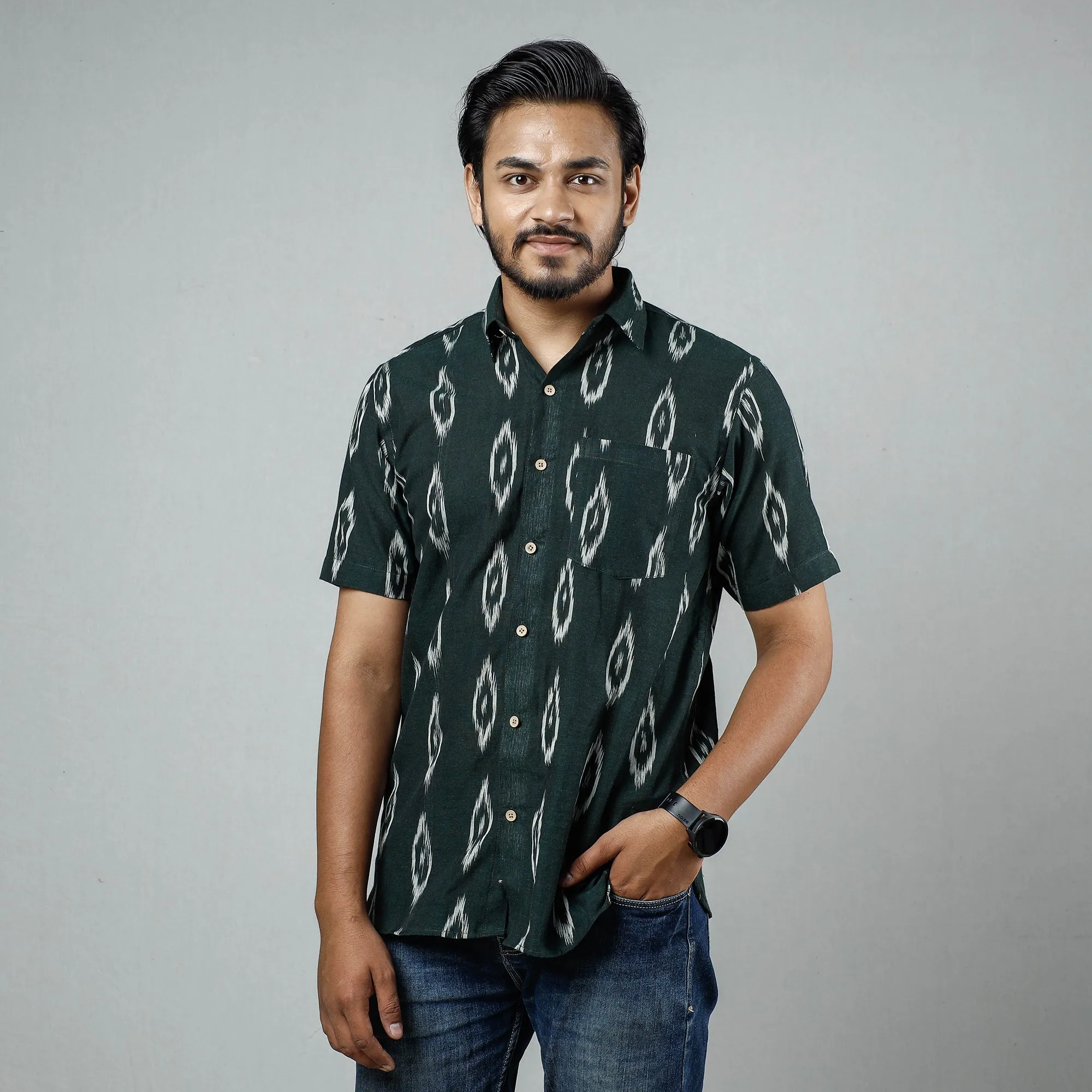 Dark Green - Pochampally Ikat Weave Cotton Men Half Sleeve Shirt sold by Itokri