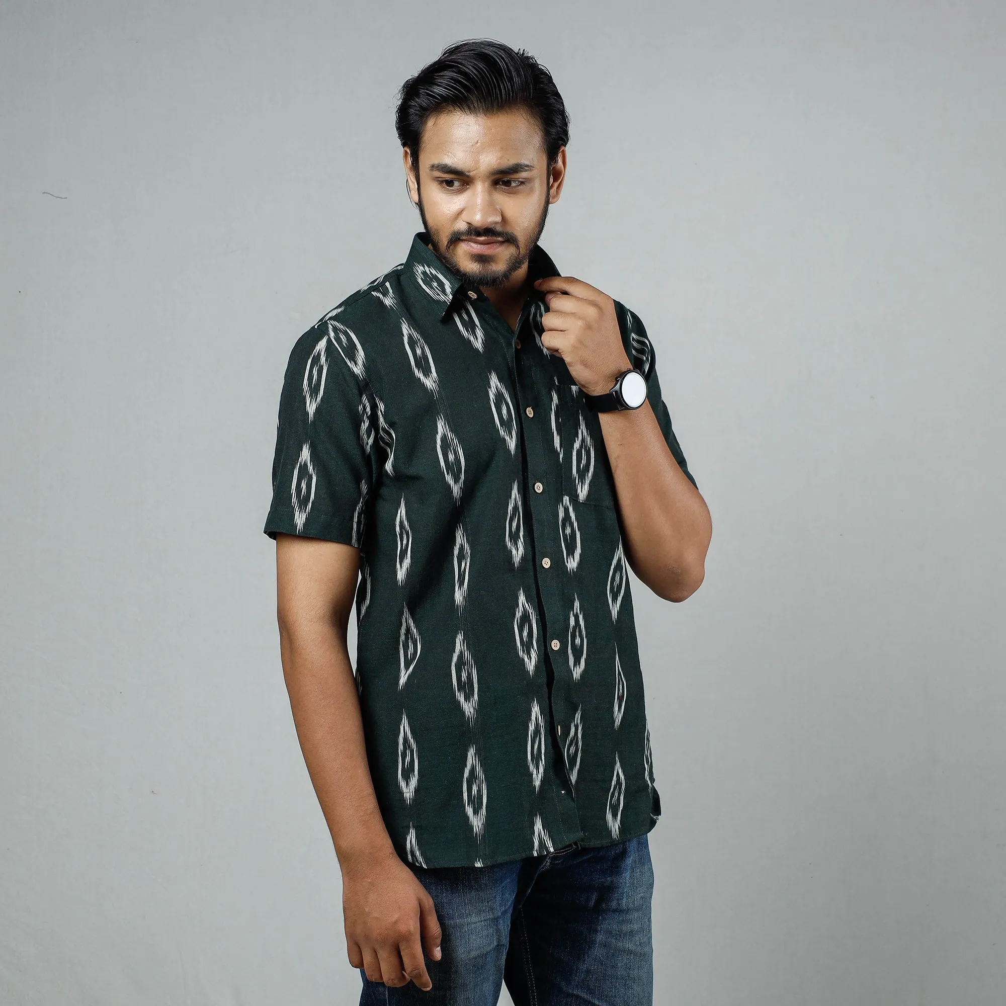 Dark Green - Pochampally Ikat Weave Cotton Men Half Sleeve Shirt sold by Itokri product image thumbnail 3