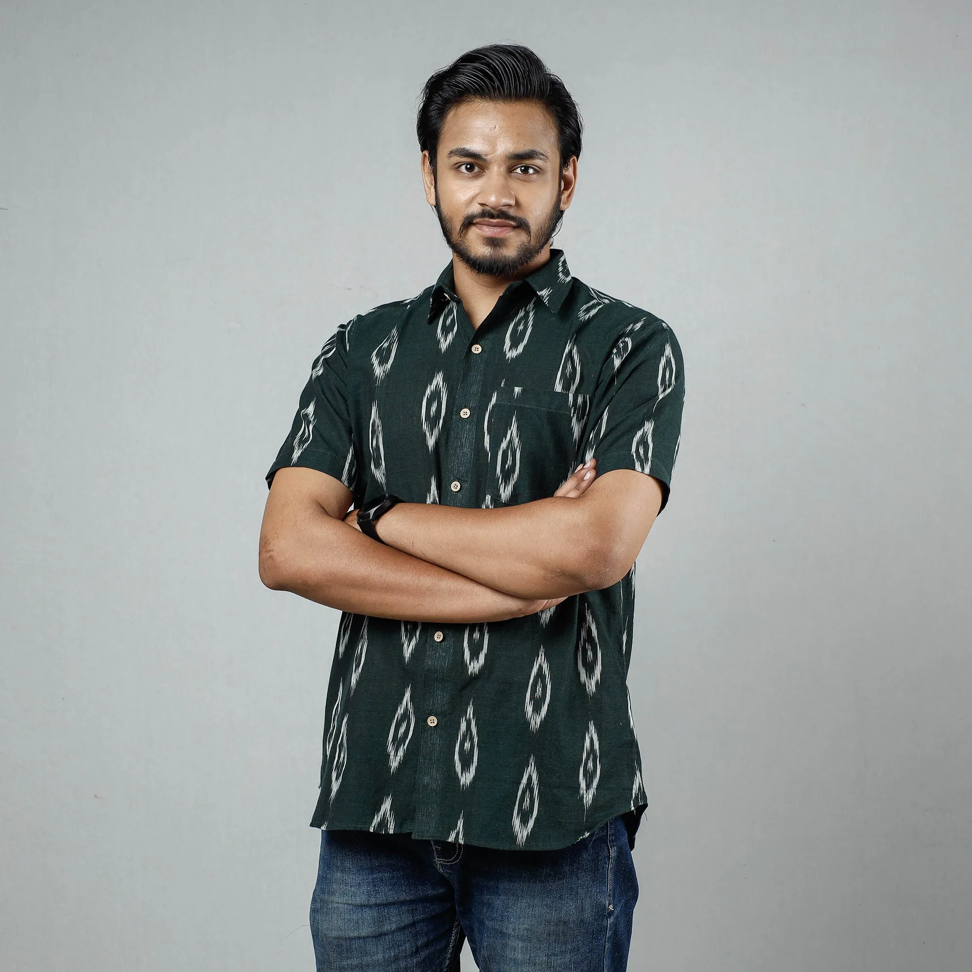 Dark Green - Pochampally Ikat Weave Cotton Men Half Sleeve Shirt sold by Itokri product image thumbnail 2