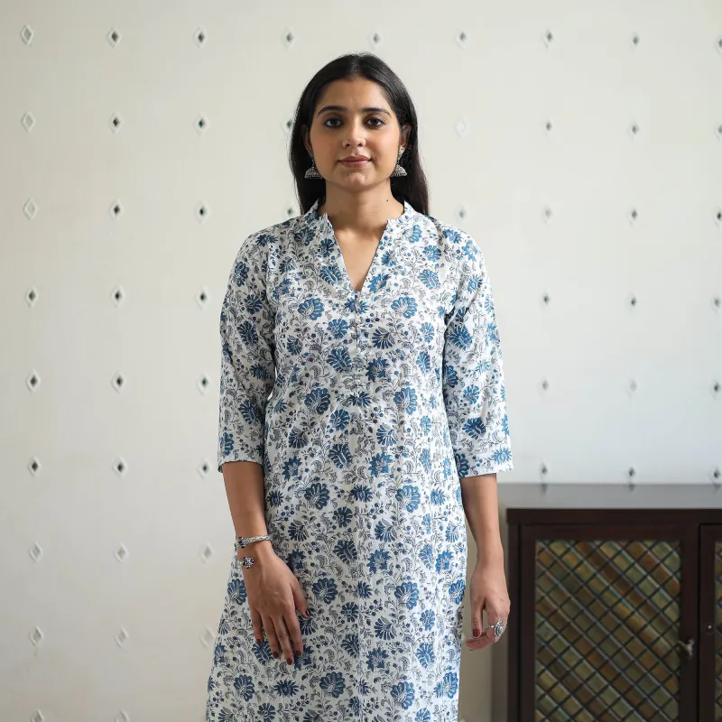 Blue - Block Print Cotton Straight Sanganeri Kurta 01 sold by Itokri