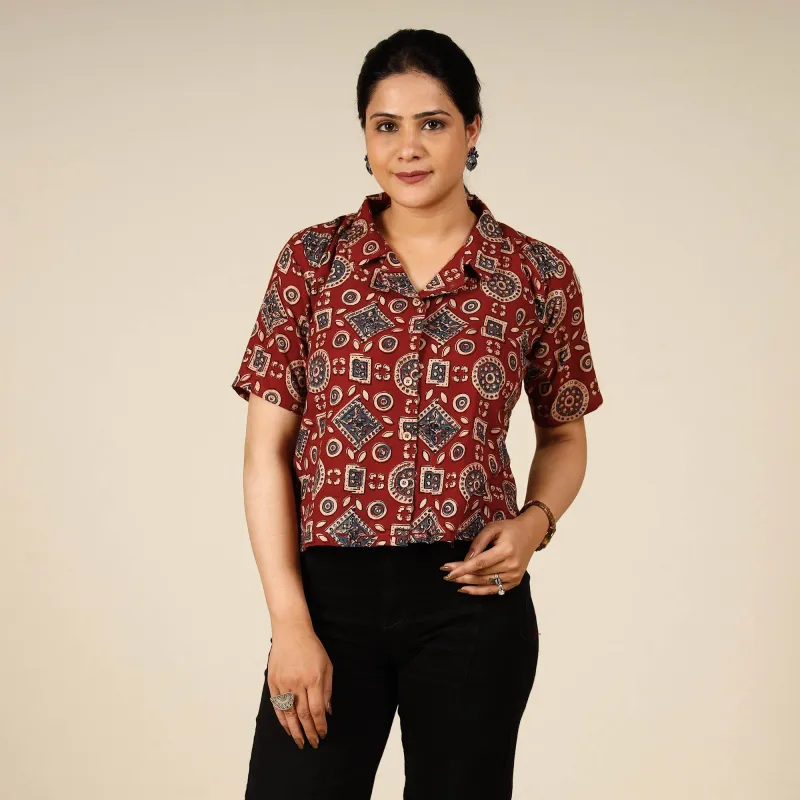 Red - Ajrakh Block Printed Half Sleeve Cotton Crop Top sold by Itokri