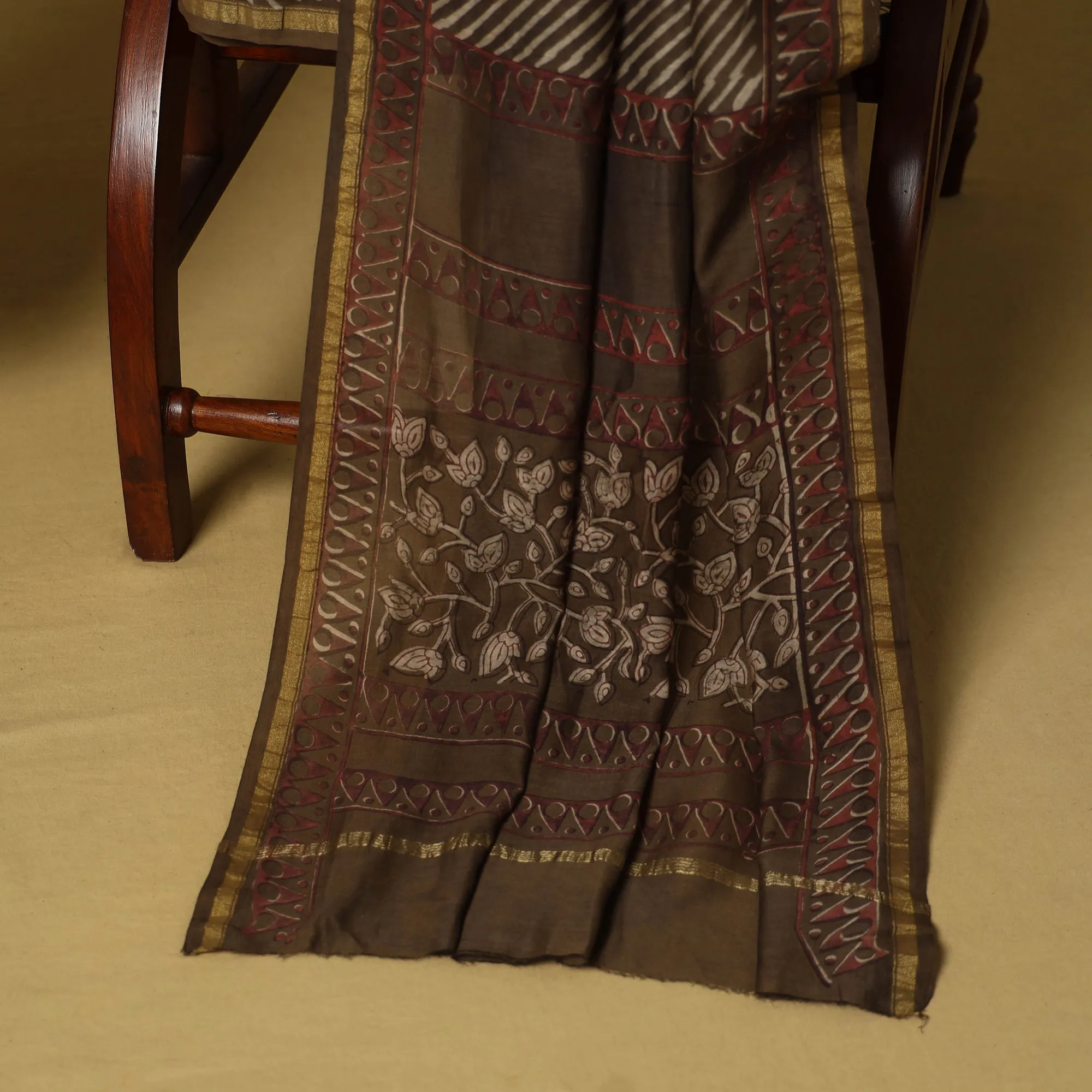 Brown - 3pc Akola Block Printed Chanderi Silk Unstitched Suit Material Set sold by Itokri product image thumbnail 4