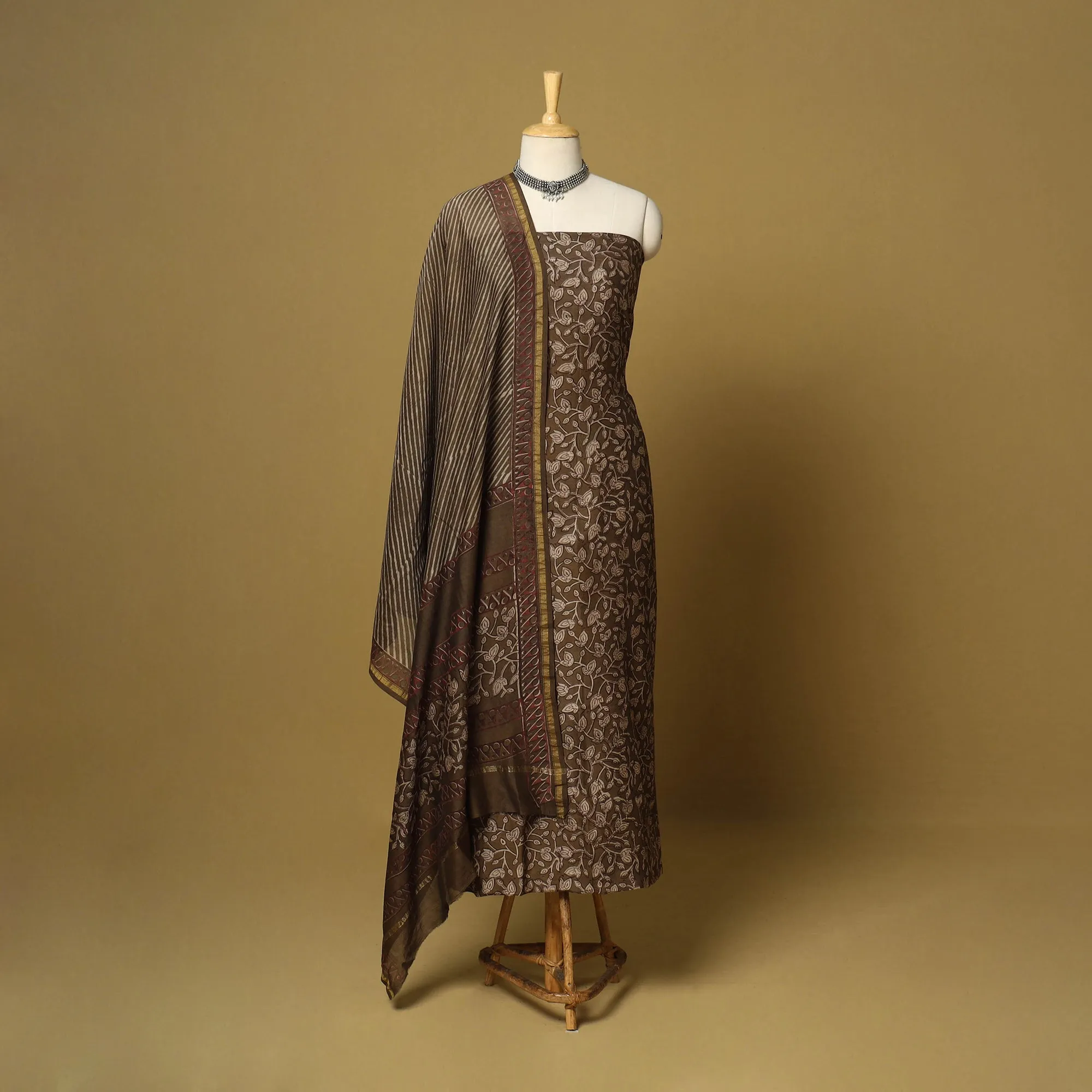 Brown - 3pc Akola Block Printed Chanderi Silk Unstitched Suit Material Set sold by Itokri product image thumbnail 2