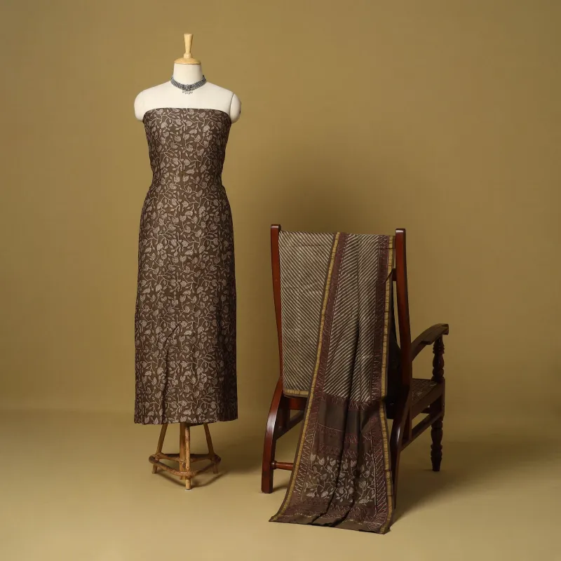 Brown - 3pc Akola Block Printed Chanderi Silk Unstitched Suit Material Set made by Itokri