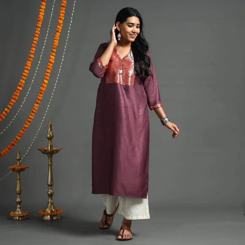 Dark Purple - Plain Tussar Silk Handloom Banarasi Patchwork Straight Kurta sold by Itokri
