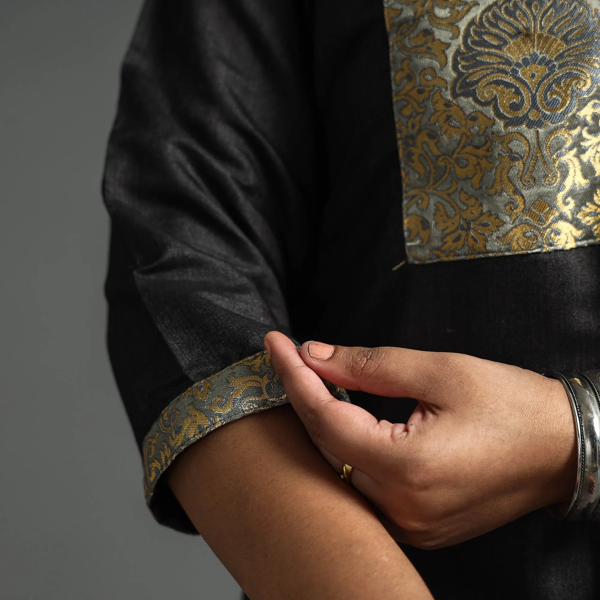 Black - Plain Tussar Silk Handloom Banarasi Patchwork Straight Kurta sold by Itokri product image thumbnail 5