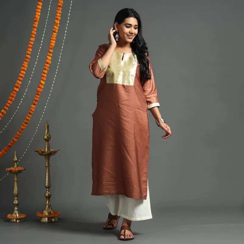 Brown - Plain Tussar Silk Handloom Banarasi Patchwork Straight Kurta made by Itokri