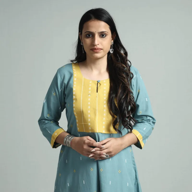 Light Blue - Jacquard Cotton Floral A-Line Kurta sold by Itokri