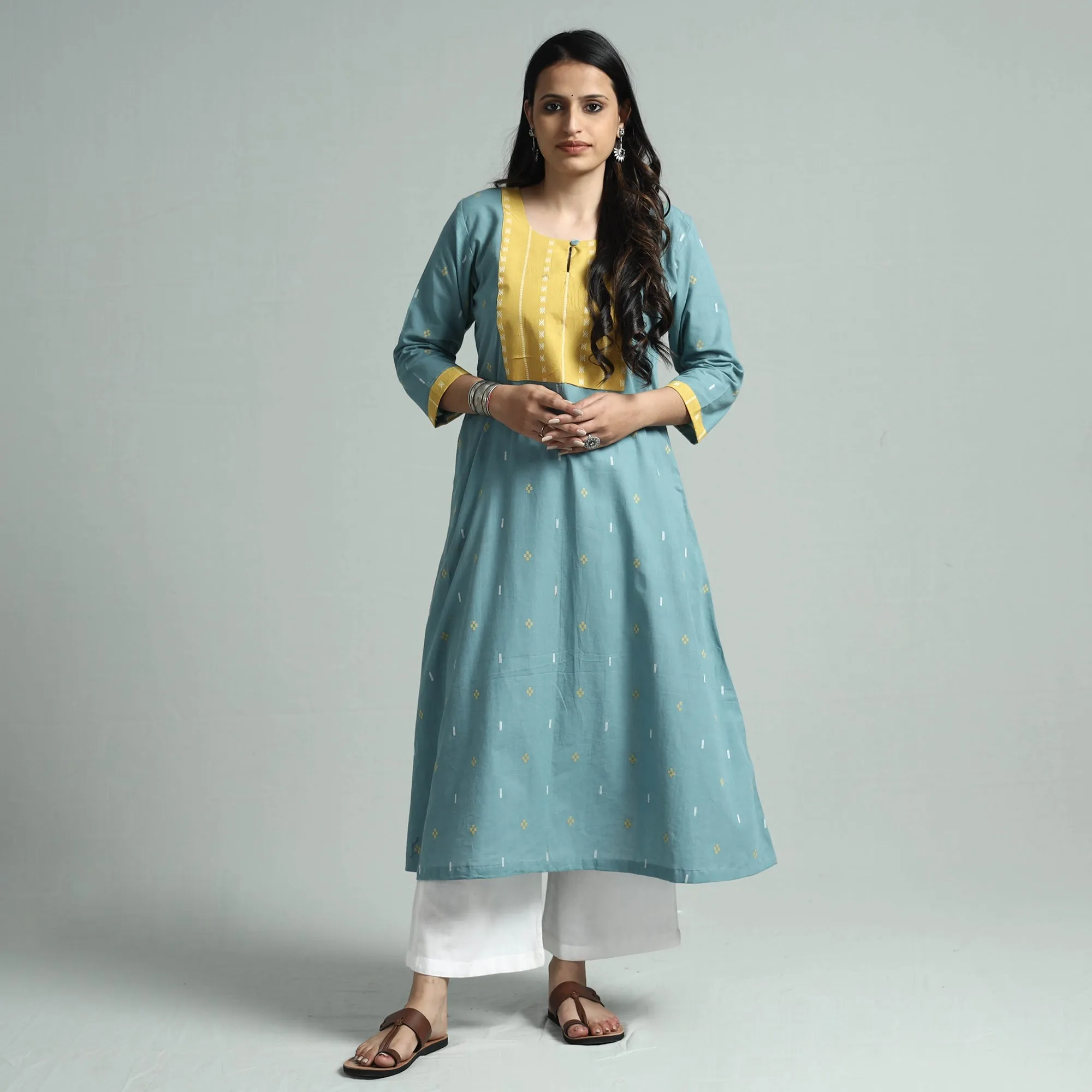 Light Blue - Jacquard Cotton Floral A-Line Kurta sold by Itokri product image thumbnail 2