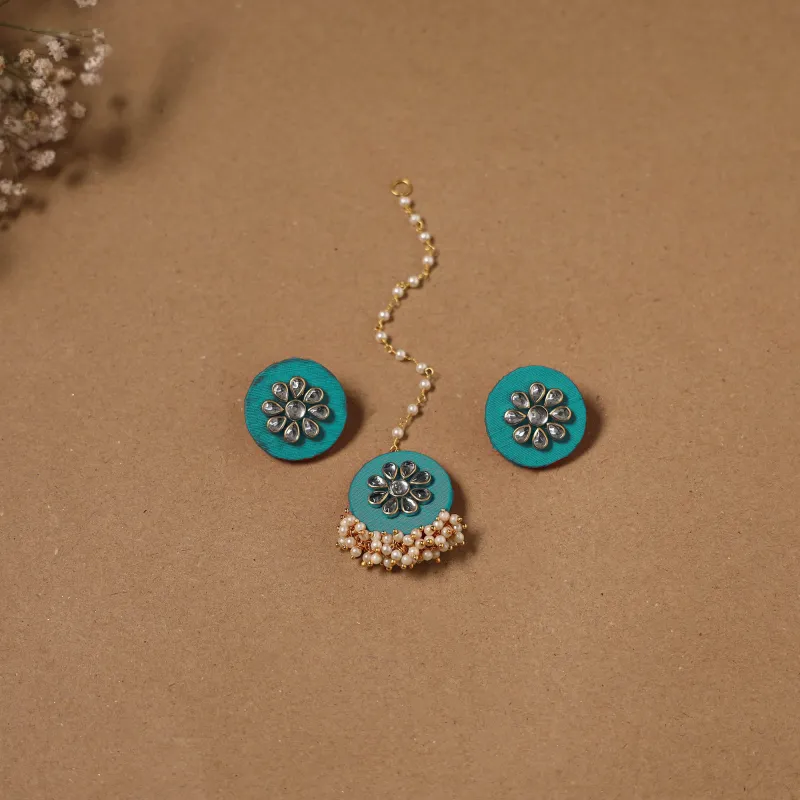 Green - Fabart Kundan Earrings & Maang Tikka Set 20 made by Itokri