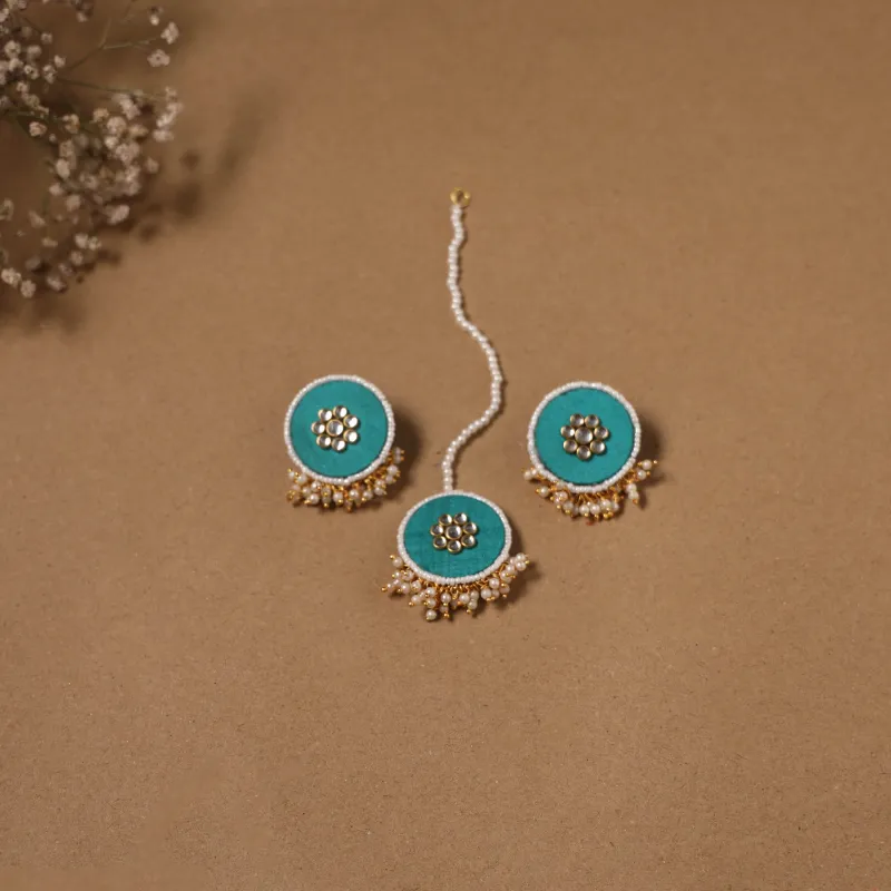 Green - Fabart Kundan Earrings & Maang Tikka Set 19 sold by Itokri