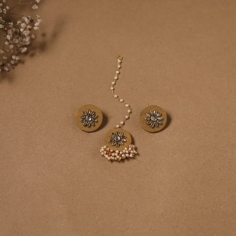 Yellow - Fabart Kundan Earrings & Maang Tikka Set 17 made by Itokri