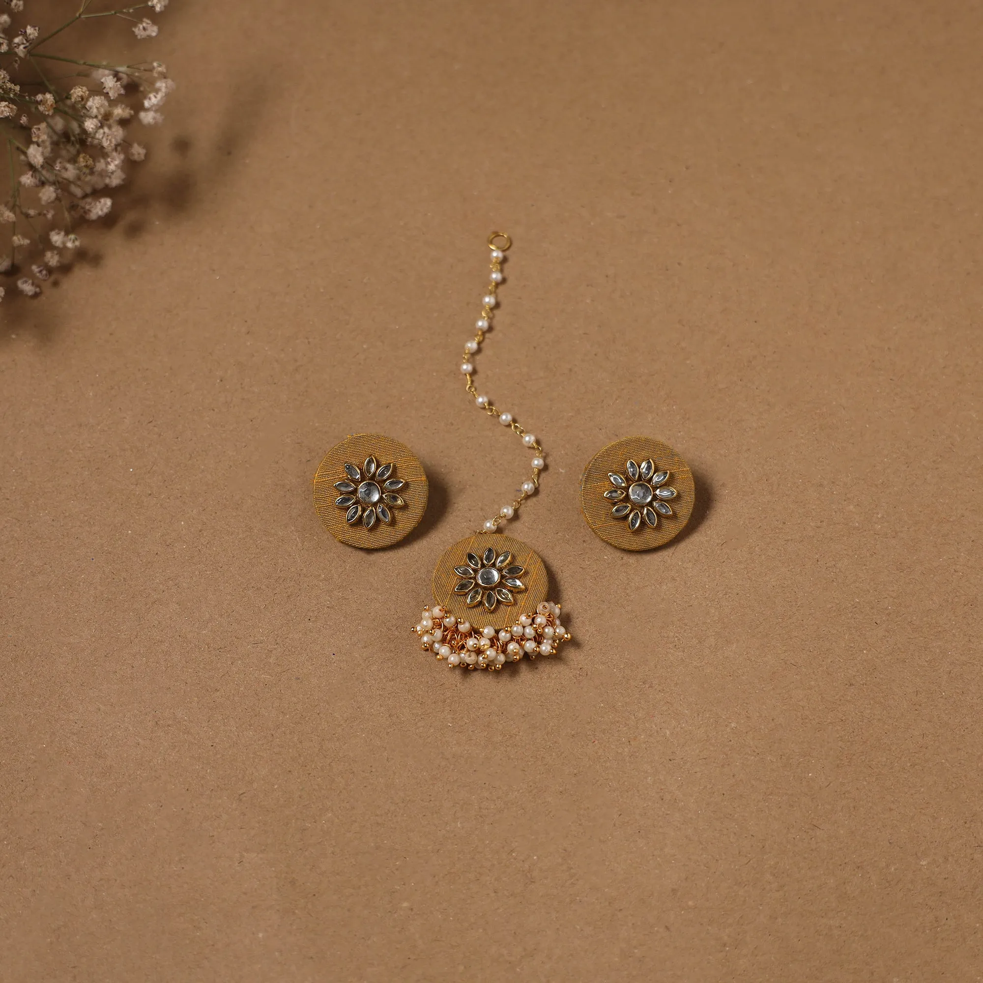 Yellow - Fabart Kundan Earrings & Maang Tikka Set 17 sold by Itokri