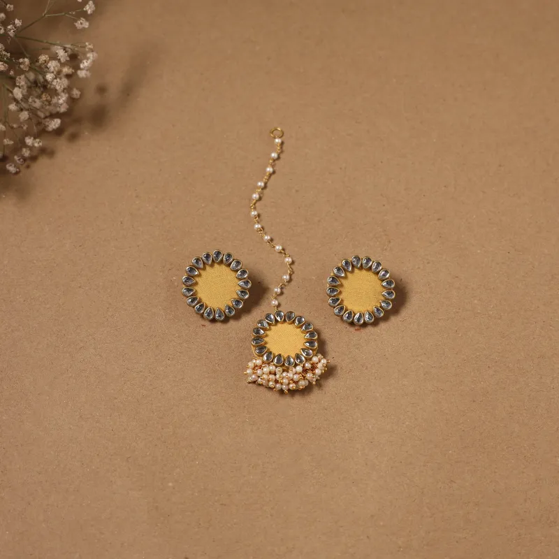 Yellow - Fabart Kundan Earrings & Maang Tikka Set 14 made by Itokri
