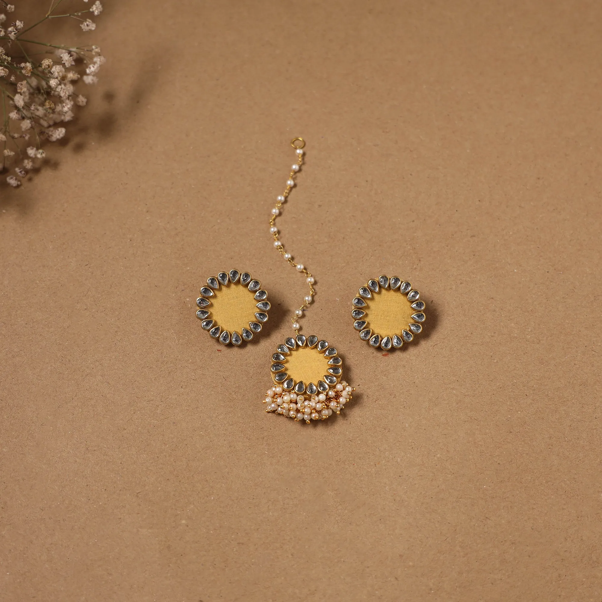 Yellow - Fabart Kundan Earrings & Maang Tikka Set 14 sold by Itokri