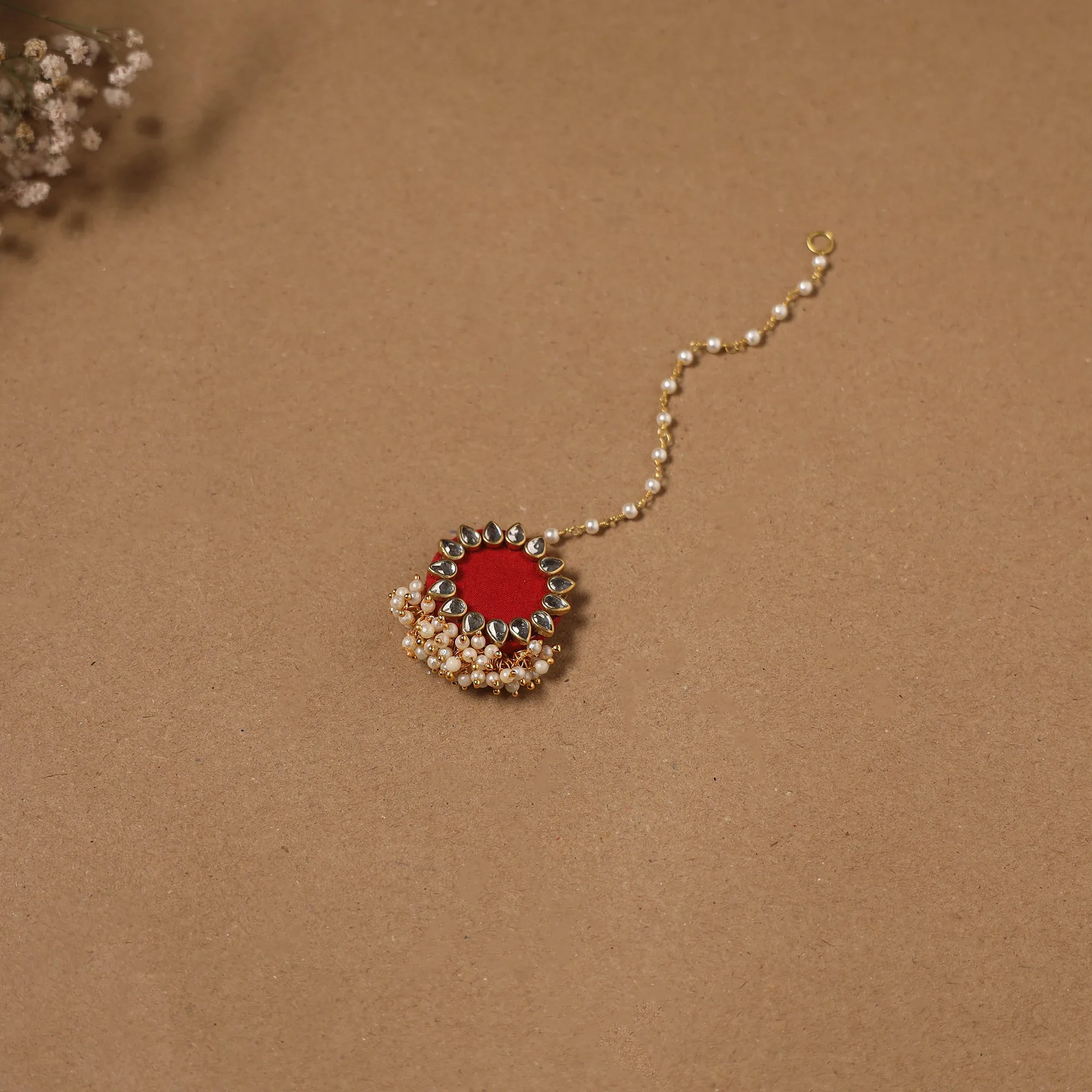 Red - Fabart Kundan Earrings & Maang Tikka Set 11 sold by Itokri product image thumbnail 3