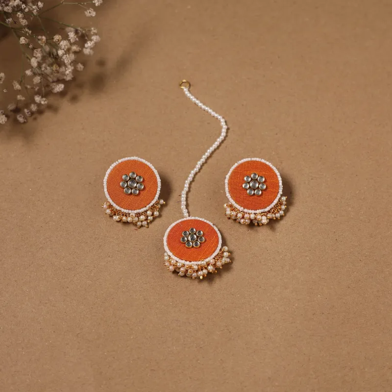 Orange - Fabart Kundan Earrings & Maang Tikka Set 08 made by Itokri