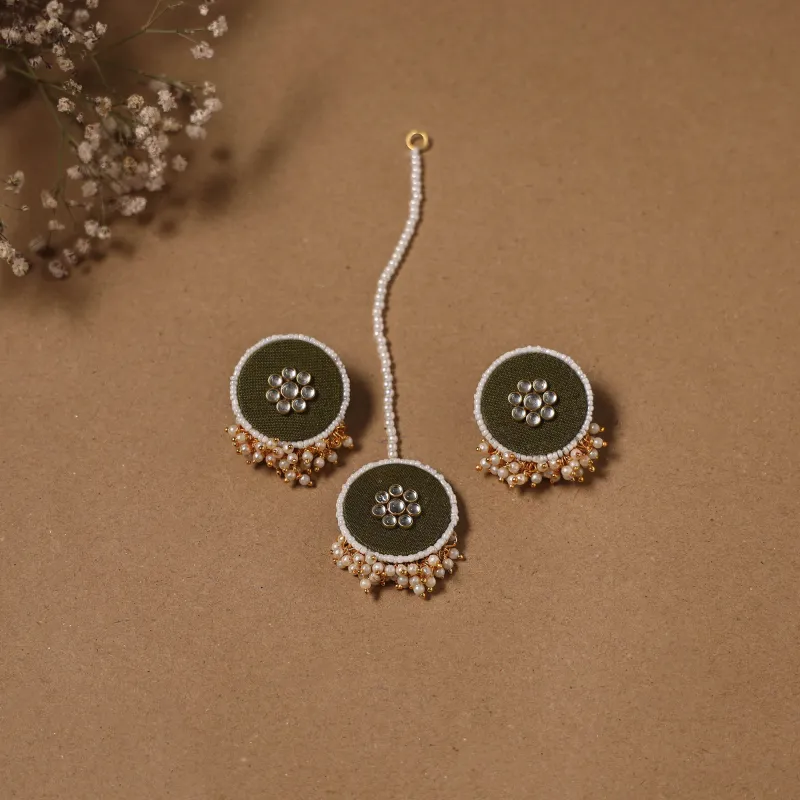 Green - Fabart Kundan Earrings & Maang Tikka Set 04 sold by Itokri