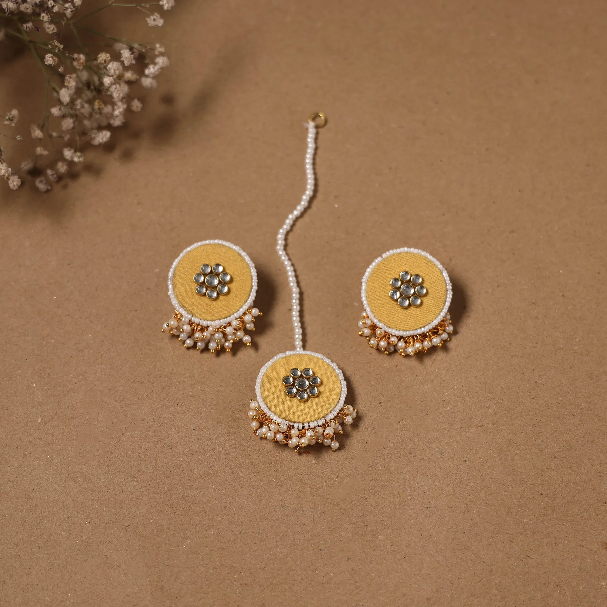 Yellow - Fabart Kundan Earrings & Maang Tikka Set 03 sold by Itokri