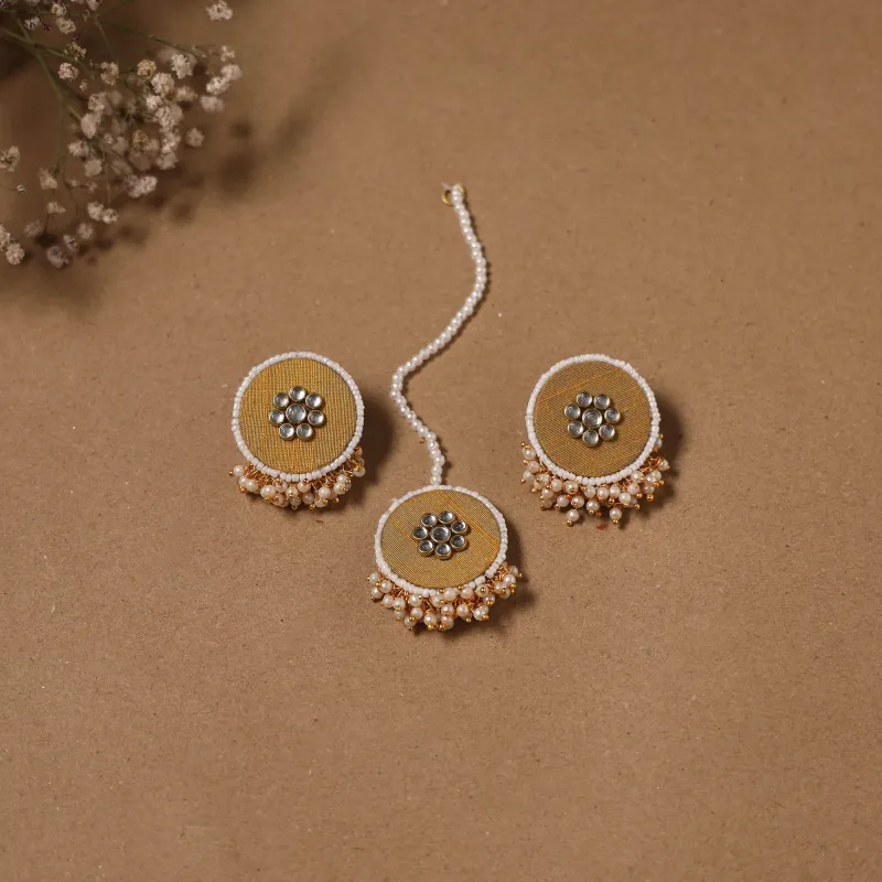 Yellow - Fabart Kundan Earrings & Maang Tikka Set 02 sold by Itokri