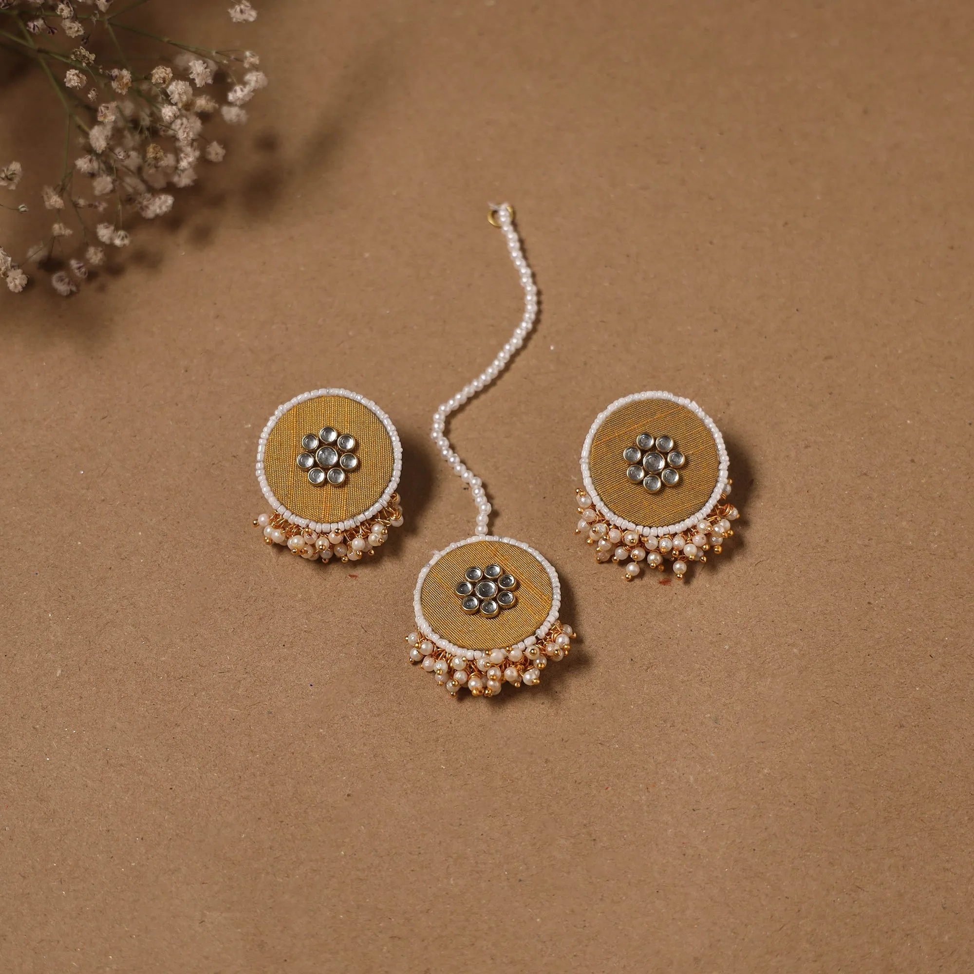 Yellow - Fabart Kundan Earrings & Maang Tikka Set 02 sold by Itokri