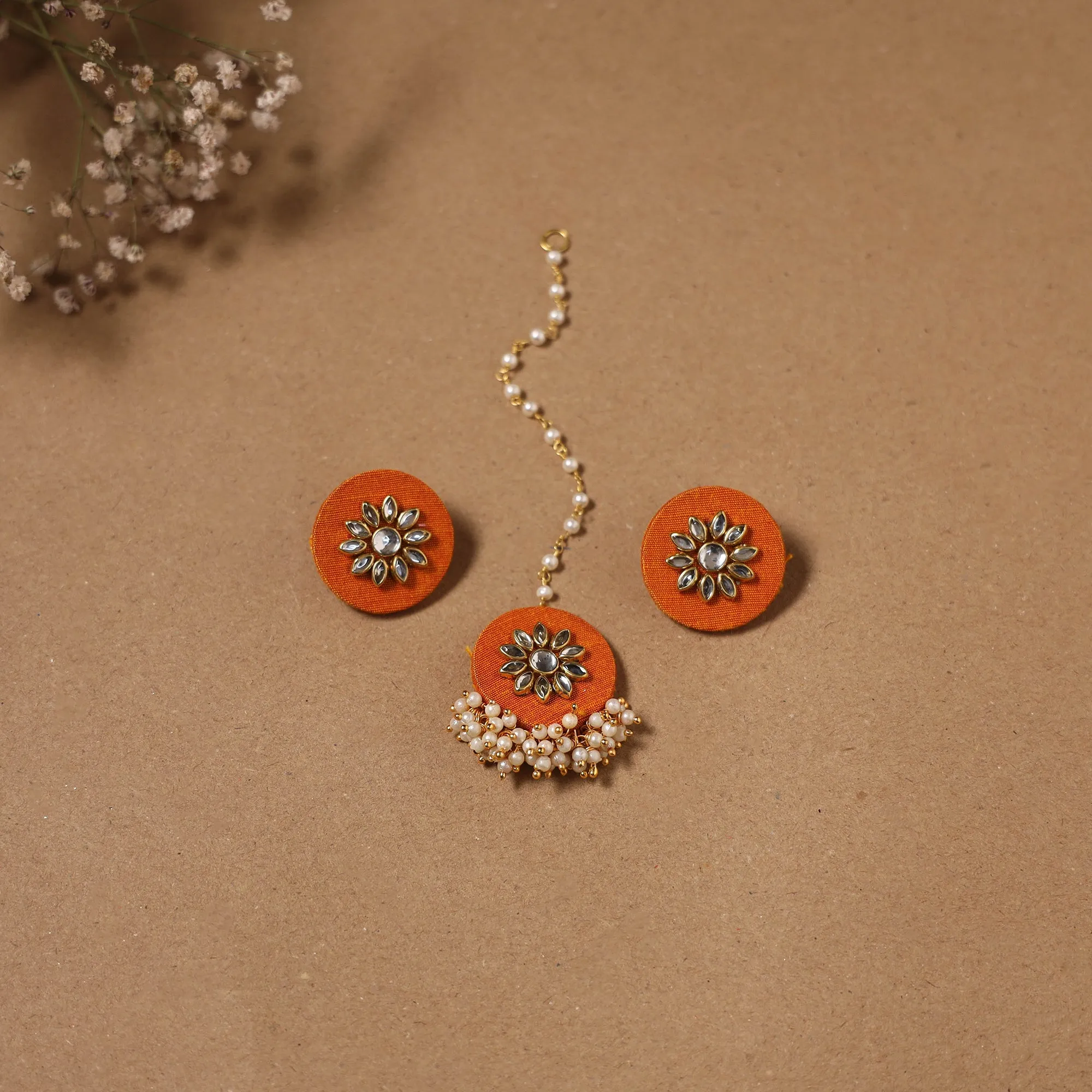 Orange - Fabart Kundan Earrings & Maang Tikka Set 01 sold by Itokri