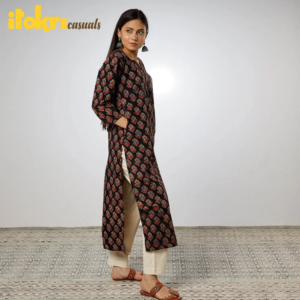 Black - Ajrakh Block Printed Cotton Long Straight Kurta sold by Itokri product image thumbnail 2