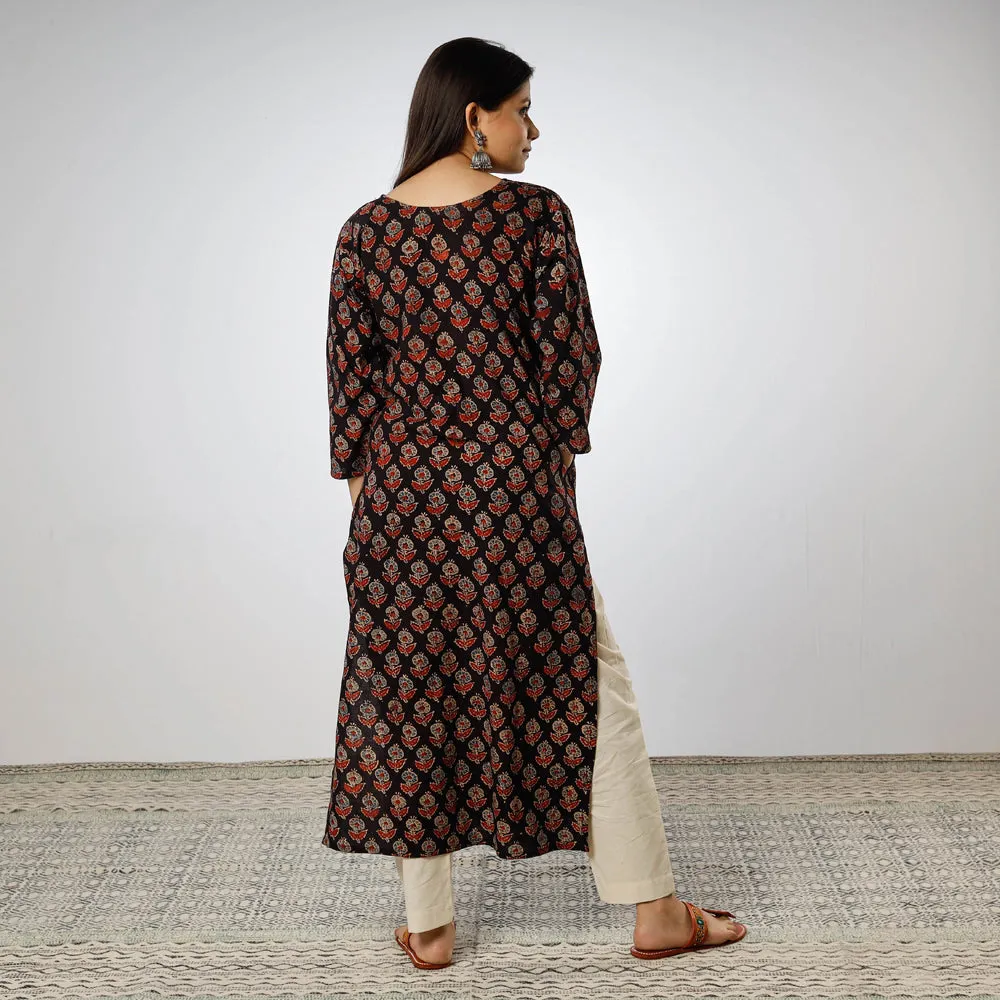 Black - Ajrakh Block Printed Cotton Long Straight Kurta sold by Itokri product image thumbnail 4