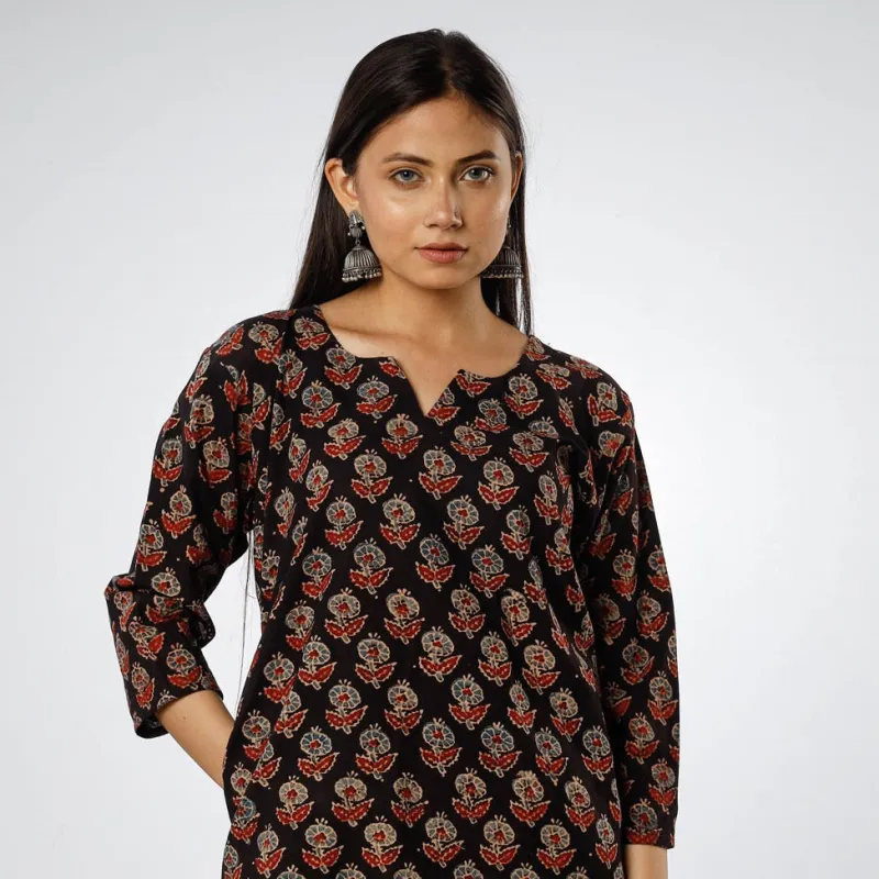 Black - Ajrakh Block Printed Cotton Long Straight Kurta made by Itokri