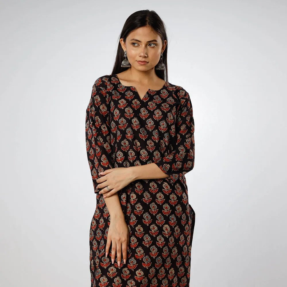 Black - Ajrakh Block Printed Cotton Long Straight Kurta sold by Itokri product image thumbnail 3
