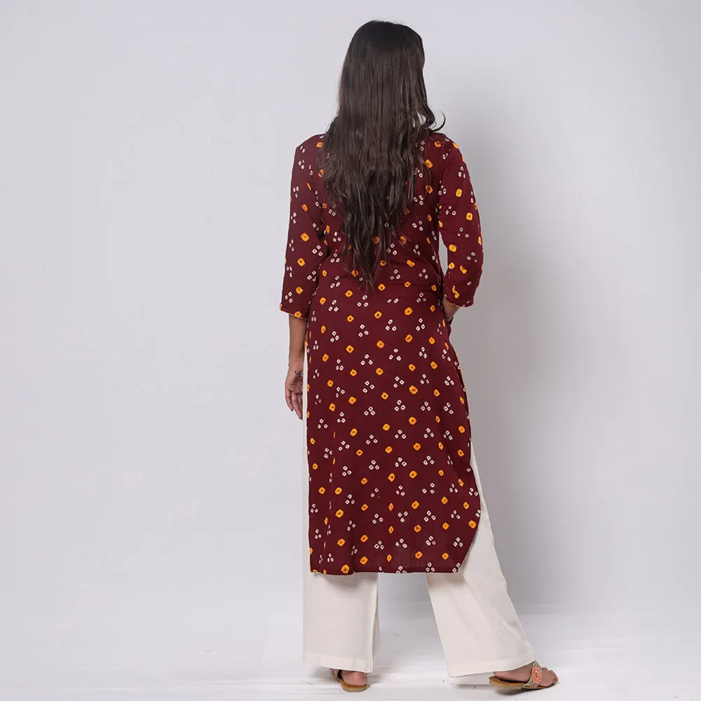 Maroon - Bandhani Tie-dye Cotton Long Straight Kurta sold by Itokri product image thumbnail 4