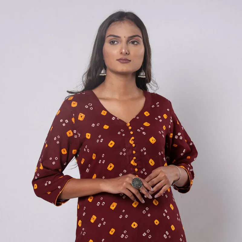 Maroon - Bandhani Tie-dye Cotton Long Straight Kurta sold by Itokri