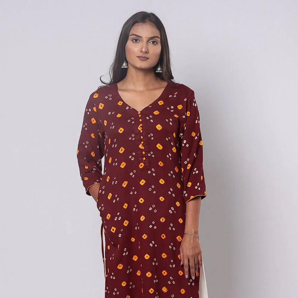 Maroon - Bandhani Tie-dye Cotton Long Straight Kurta sold by Itokri product image thumbnail 3