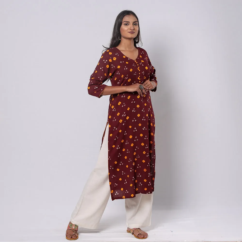 Maroon - Bandhani Tie-dye Cotton Long Straight Kurta sold by Itokri product image thumbnail 2
