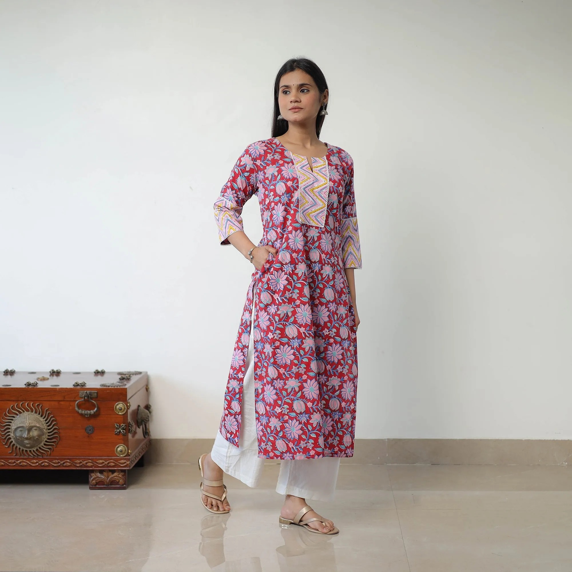 Red - Block Print Cotton Straight Sanganeri Kurta 18 sold by Itokri product image thumbnail 3