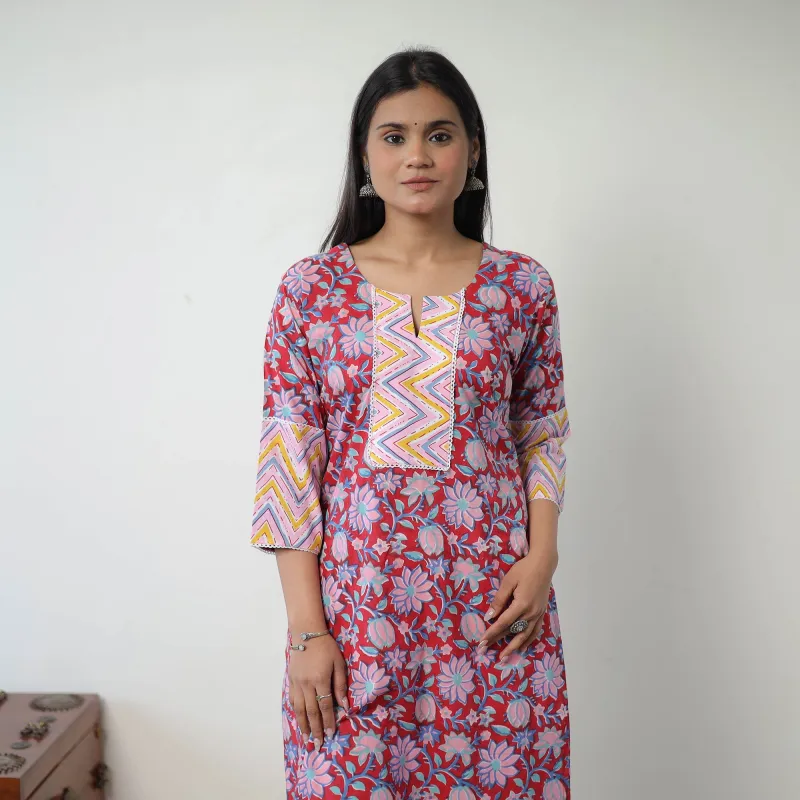Red - Block Print Cotton Straight Sanganeri Kurta 18 sold by Itokri